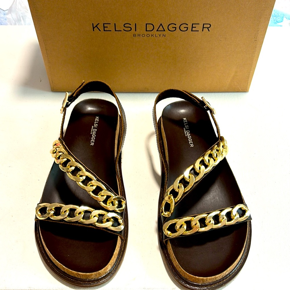 Anthropologie Brown Leather Sandals with Gold Chain Straps